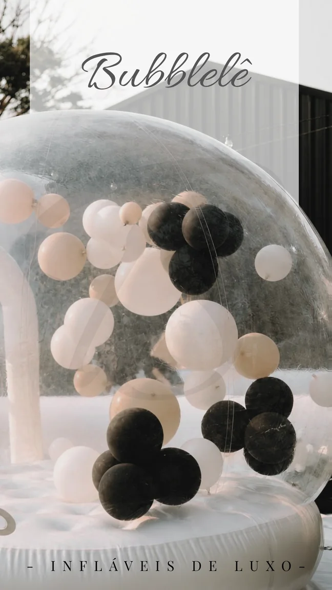 Detalhe da Bubble House com balões em tons neutros